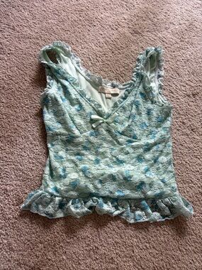 Floral Lace Ruffle Tank Top - Light Mint Blue